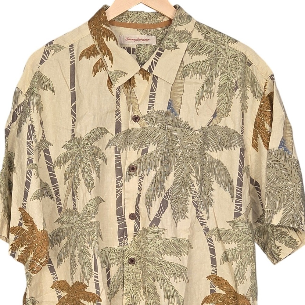 Tommy Bahama Button Up Shirt Mens XL Beige Palm Tree 100% LINEN Short Sleeve
